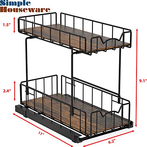 2 Tier Spice Rack Slide Out Wire Basket Drawer (Black)