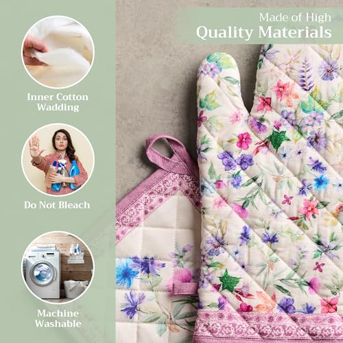 100% Cotton Oven Mitt & Pot Holder Set (038 - Chardon / 7.5" x 13" & 8" x 8" (Oven Mitt & Pot Holder))