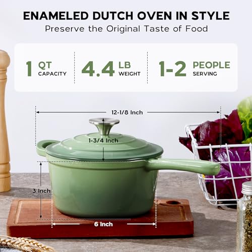 1QT Enameled Cast Iron Saucepan with Lid (Pistachio Green / 1 Quarts)