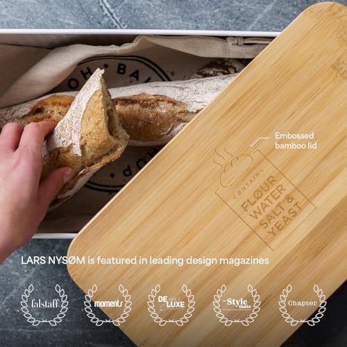 Bread Box I Metal Box with linen bag for long lasting freshness I Bread Bin with bamboo lid usable as cutting board I 13.4x7.3x5.3In