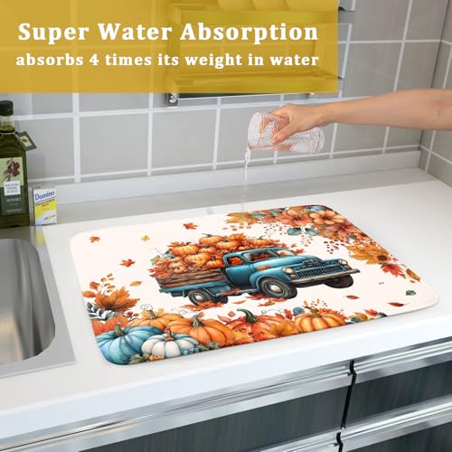 Fall Drying Mats for Kitchen Counter 18×24 Inch Autumn Truck Large Absorbent Microfiber Drying Pad Home Season Accessories (Fall Truck 605 / 24" x 18")