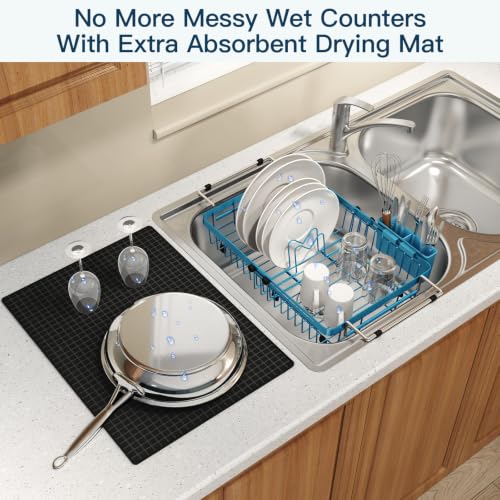 Blue Expandable Dish Drying Rack Over Sink with Extra Drying Mat (Blue / For 13"-30" W Sink with Mat)