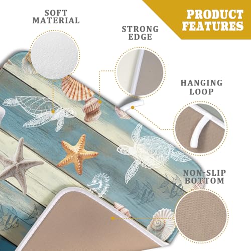Coastal Starfish Dish Drying Mat Summer Sea Turtle Drainer Rack Mat Absorbent Microfiber Kitchen Countertop Protector Dishes Pad 16x18 inch (Starfish Turtle Wood / 16" x 18")