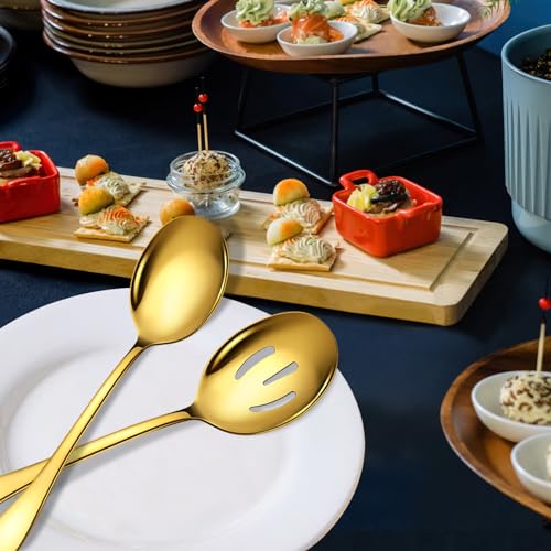 Stainless Steel Serving Spoons Set (8 Pieces (Large and Slotted) / Gold)