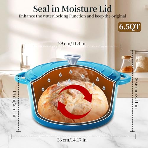 Enameled Cast Iron Dutch Oven pot 6.5 QT with Lid for Bread Baking (Sea Blue)