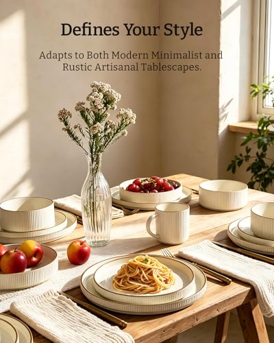 Star Stoneware Dinnerware Sets with Pasta Bowls (Cream / Service for 4 - Double Bowls)
