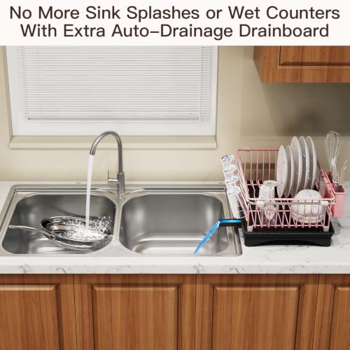 Pink Expandable Dish Drying Rack Over Sink with Extra Drainboard (Pink / For 11.5"-16" W Sink with Cup Holder & Drainboard)