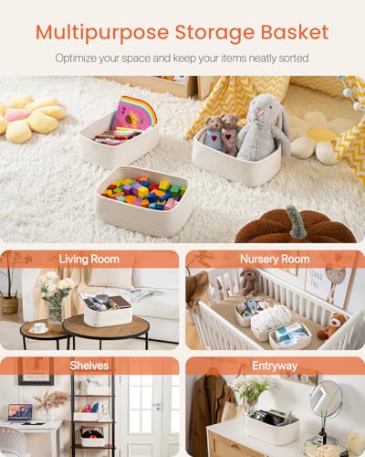 Small Woven Storage Basket for Organizing (Off White / 12"L x 8"W x 4.5"H)