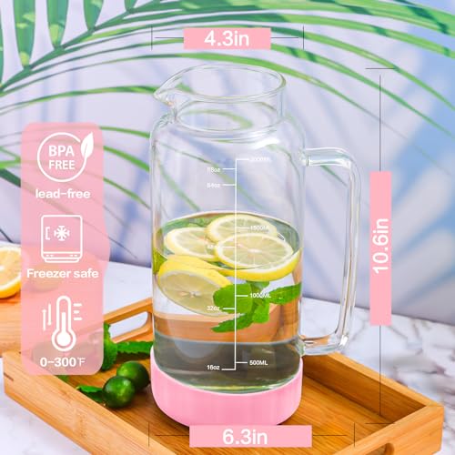 68oz Glass Pitcher with Lid and Handle for Fridge (Pink Silicone)