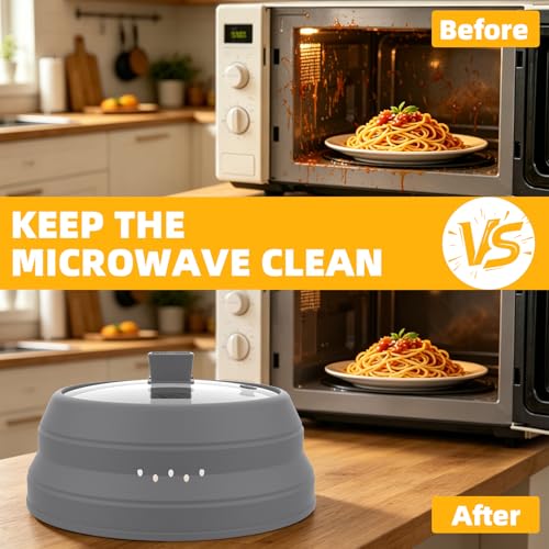 Tall Microwave Splatter Cover Glass Cover Guard Lid 6 inch Height with Collapsible Silicone for Food Pot Plate 12.5 inch Grey (LIGHT GREY / Taller style 12.5 inch)