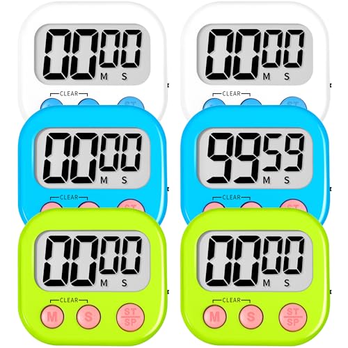 Digital Kitchen Classroom Timers for Kids Cooking 6pcs Wht Blu Grn (6 Count)