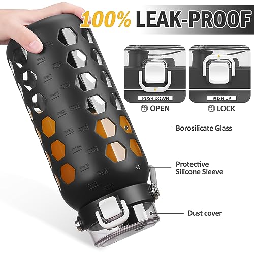 64oz Glass Water Bottle with Straw and Lid (Black / 64 Ounces)