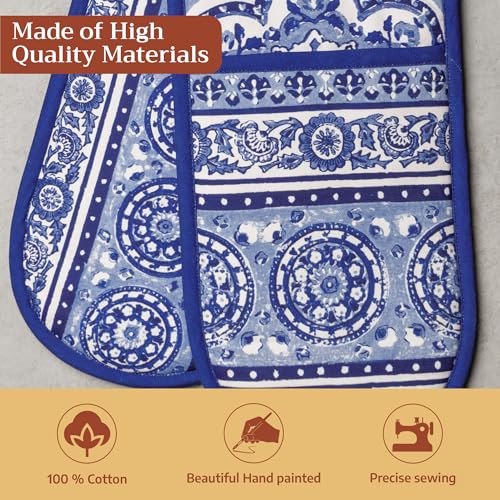 Double Oven Mitts 100% Cotton Double Oven Glove (014 - Melodie Bleue / 7" x 35" (Double Oven Mitt))