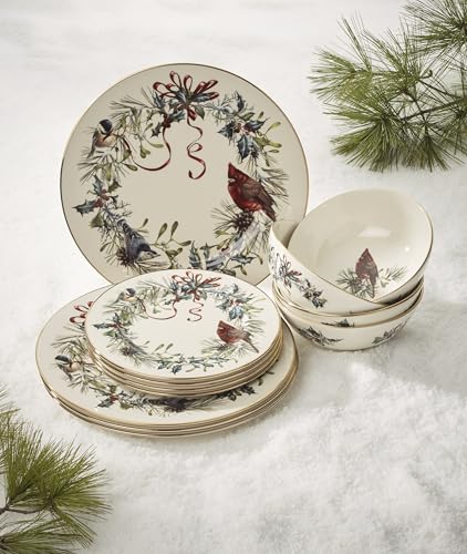 Winter Greetings Christmas Dinnerware Plate and Bowl Set (12-Piece Dinnerware Set - Includes Pasta Bowls)