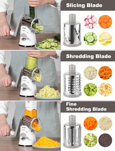 Rotary Cheese Grater Vegetable Shredder With 6 Interchangeable Blades No Slip Suction Base (White Grey / 6 Blades)