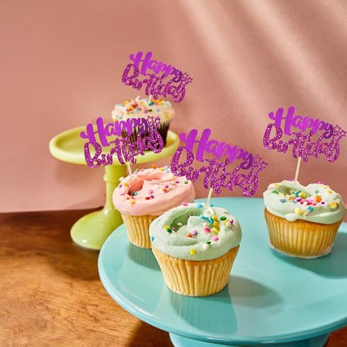 24Pcs Happy Birthday Cupcake Toppers Double Layer Glitter Happy Birthday Cake Decorations for Celebrating Baby Shower Theme Kids Boys Girls Anniversary Party Decorations Supplies Purple (Style 1 / Purple)