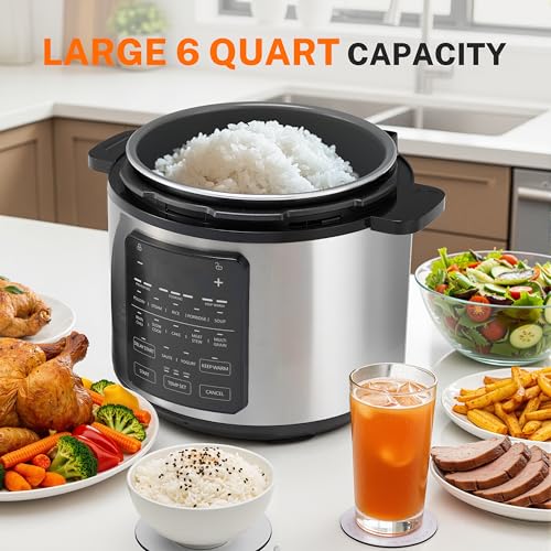 14-in-1 Electric Pressure Cooker - 6QT Stainless Steel Slow & Rice Cooker, Steamer, Sauté, Yogurt Maker, Multi-Cooker with Dishwasher-Safe & Non-Stick (Stainless Steel/Black 6Qt / 6 Quarts)