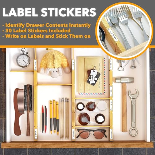 Bamboo Drawer Dividers with Inserts and Labels (17-22 inch)