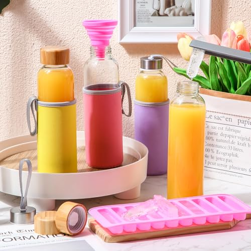 12 Pcs 18 oz Glass Water Bottles Glass Juice Bottles with Protection Sleeves