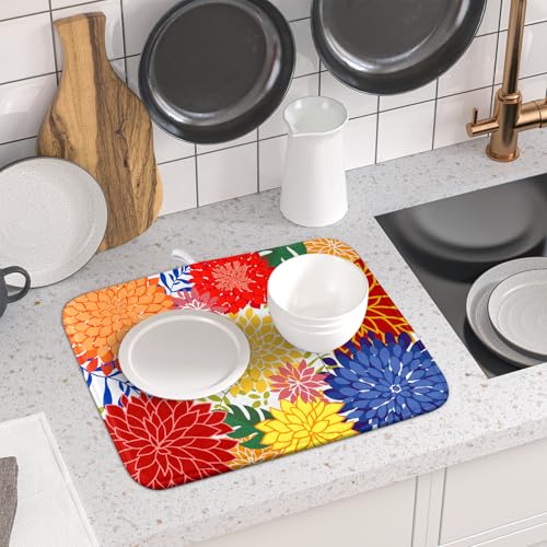 Modern Floral Dish Drying Mat 16x18 in Multicolored Tropical Drying Pad for Kitchen Counter (Modern Florals Colorful / 18" x 16")