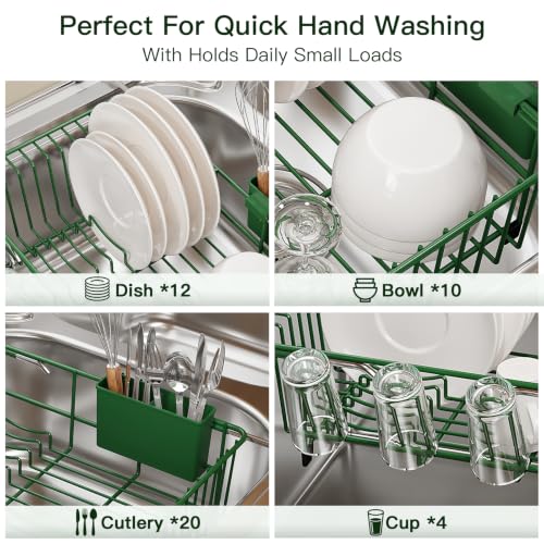 Green Expandable Dish Drying Rack Over Sink with Anti (Green / For 11.5"-16" W Sink with Cup Holder)