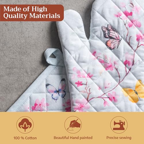 100% Cotton Oven Mitt & Pot Holder Set (050 - Blossoms in Spring / 7.5" x 13" & 8" x 8" (Oven Mitt & Pot Holder))