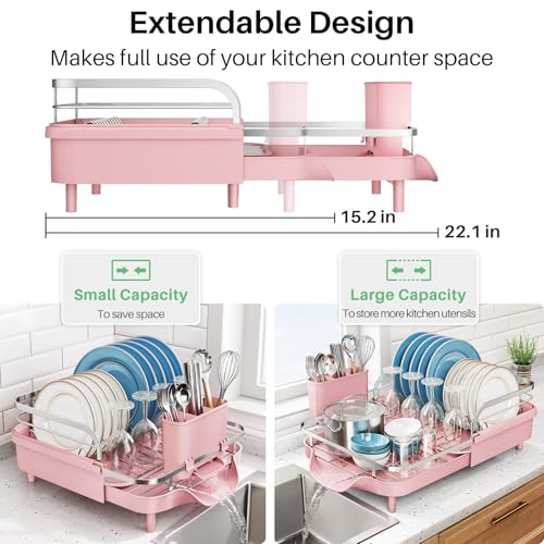 Expandable Dish Drying Rack for Kitchen Counter (Pink)