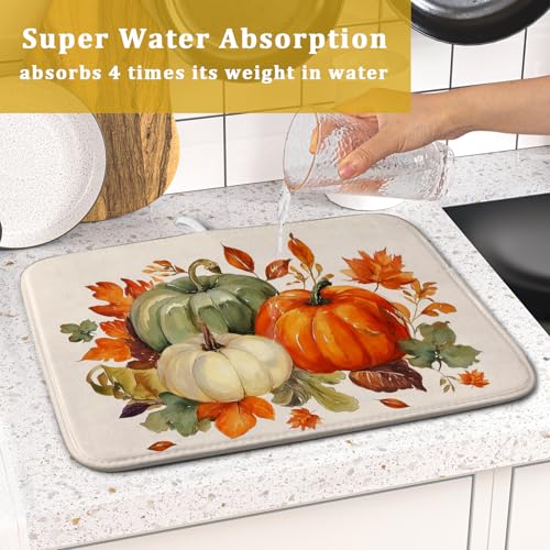 Fall Pumpkin Dish Drying Mat Autumn Leaves Absorbent Dishes Pad 16x18 Inch Seasonal Microfiber Dish Drainer Rack Mat for Kitchen Countertop (Fall Pumpkin / 16x18 inch)