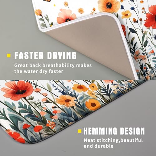 Poppy Flower Dish Drying Mat 16x18 Inch Floral Leaves Dish Drainer Protector Pad Washable Reversible Drying Pad for Kitchen Counter Sink (Poppy Flower / 16" x 18")