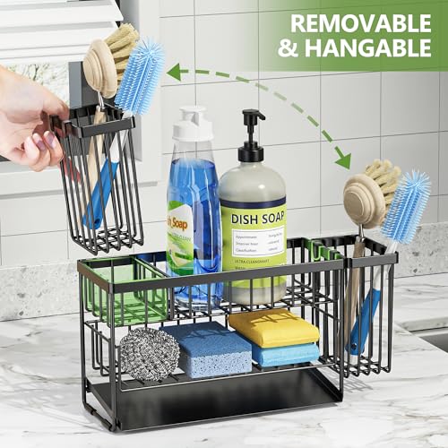 2 Tier Kitchen Sink Caddy Organzier Rack with Dish Brush Sponge Holder (Black / Medium)