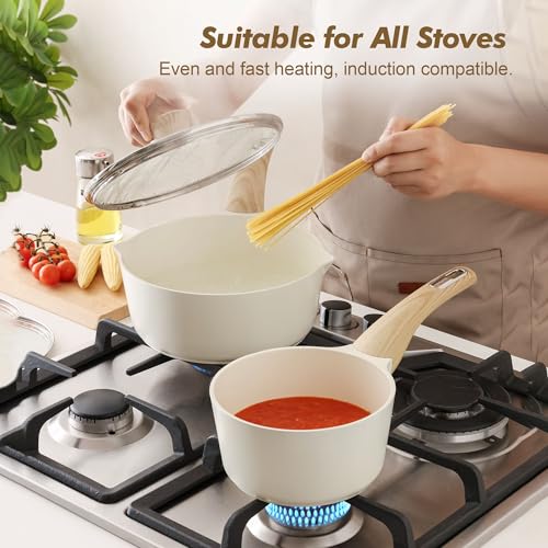 1.5 & 2.5 Quart Ceramic Sauce Pan Sets with Lid (Ceramic White / 1.5 + 2.5 Quarts)