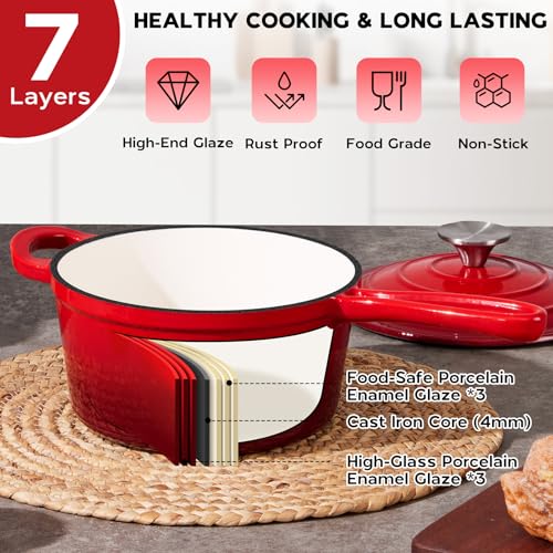 Cast Iron Sauce Pan Pot (Red / 1+2+3 Quarts)