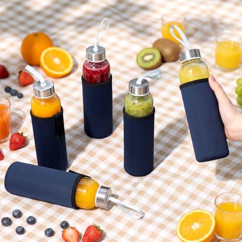12 Pack Glass Water Bottles with Sleeves (Stylish / Navy Blue)