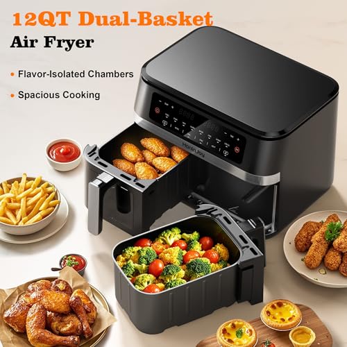 12QT 12-in-1 Large Dual Basket Air Fryer with 50pcs Paper Liners (6+6 Quart)