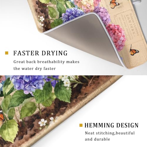 Vintage Flowers Dish Drying Mat Large 24 X18 Hydrangea Microfiber Drying Matt Kitchen Counter (Vintage Hydrangea Brown / 24" x 18")