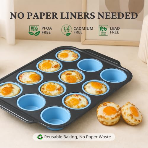 2 Pack 12 Cup and Mini 24 Cup Silicone Muffin Pans for Baking with Metal Frame (Blue / 12-Cup + 24-Cup Set)