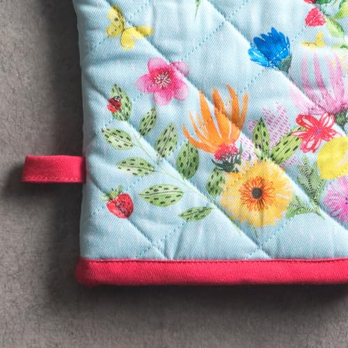 100% Cotton Oven Mitt & Pot Holder Set (093 - Jardin D'ete - Mint / 7.5" x 13" & 8" x 8" (Oven Mitt & Pot Holder))