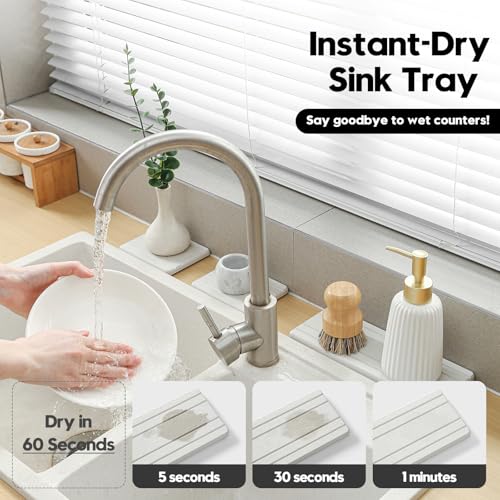 3 Pack Diatomite Stone Sink Tray (3 Pcs - Beige - 1pc of 9"x 3.5" and 2pcs of 4.5"x 3.5")