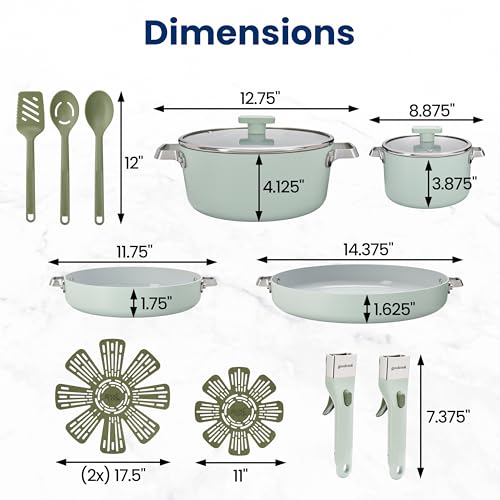14 Piece Ceramic Cookware Set with Removable Handles (Green)