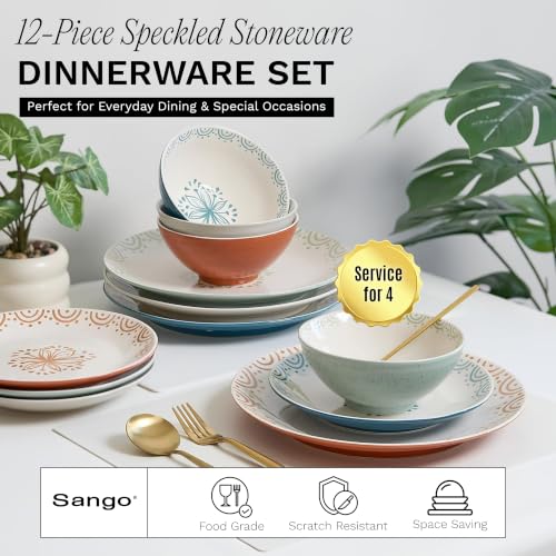 12 Piece Speckled Stoneware Dinnerware Set for 4 (Glazed Garden / 12-Piece Set)