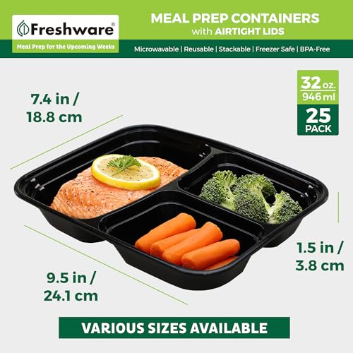 Meal Prep Containers [25 Pack] 3 Compartment with Lids (32OZ-25PK)
