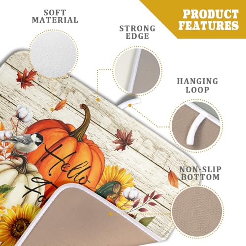 Hello Fall Dish Drying Mat Autumn Pumpkin Dish Drainer Rack Mats 16"x18" Fast Dry Microfiber Dish Drying Pad for Kitchen Countertop Table (Pumpkin Sunflower / 16" x 18")