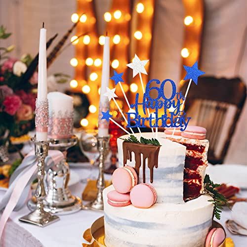 Royal Blue 60th Birthday Cake Topper with Glittery Stars (7 Count)