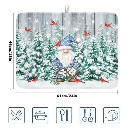 Winter Gnome Dish Drying Mat Pine Tree Dishes Pad 18"x24" Microfiber Absorbent Fast Dry Drainer Rack Mats Protector for Kitchen Countertop (Winter Gnome Bird / 18x24 inch)