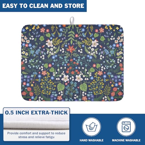 Flower Floral Dish Drying Mat 18x24 inch Microfiber Navy Blue Drying Mats with Hanging Loop Absorbent Green Leaves Dish Drainer Mat Reversible Flowers Drying Pad for Kitchen Counter Sink (Colored Flower / 24" x 18")