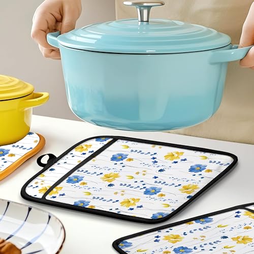 Blue and Yellow Floral Oven Mitts Set (Haodh-7)