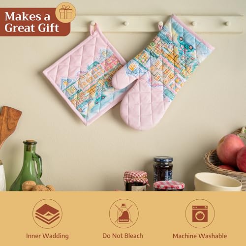 Pot Holders 100% Cotton Potholders (124 - Christmas Market - Pink / 8" x 8" (Pot Holder Pack of 1))