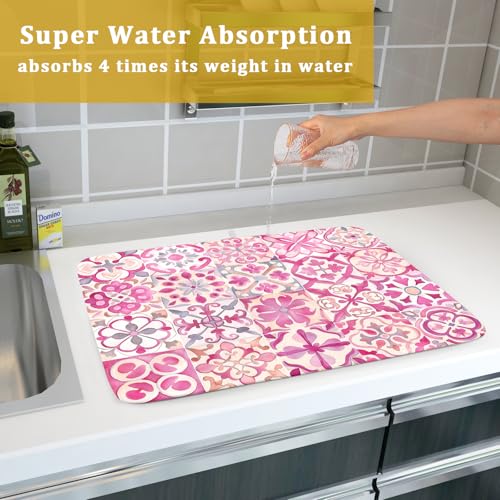 Pink Mexican Tiles Dish Drying Mat Absorbent Microfiber Dish Drying Pad for Kitchen Multi (Mexican Tiles Pink / 24" x 18")