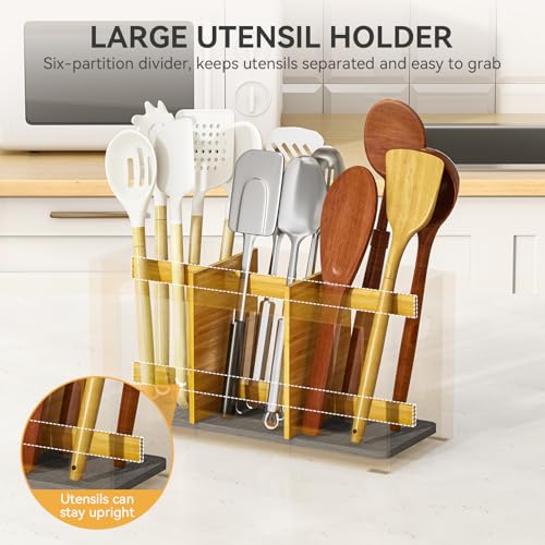 Bamboo Kitchen Utensil Holder with Drying Stone and 6 Compartments