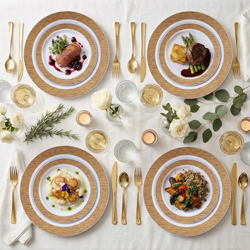 102 Pcs Wood Grain Brown Plastic Plates (102 Pieces / Brown)